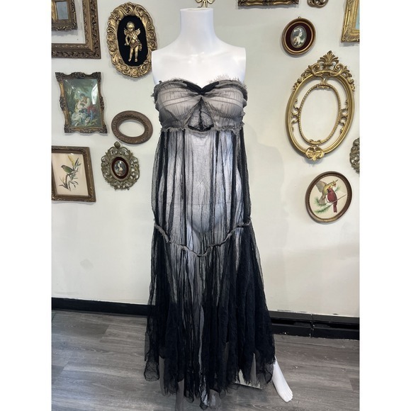 Dresses & Skirts - Intimately Free People Grey Black Sheer Mesh Strapless Midi Dress Small 92I